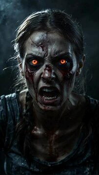 scary angry female zombie with glowing eyes on a dark and misty background