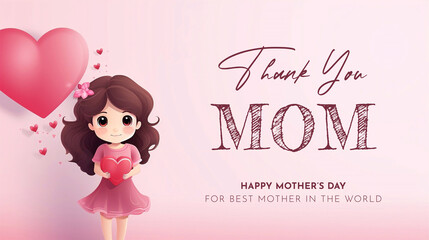 Happy Mother's Day Poster Design with Little Girl Holding Red Heart Portrait