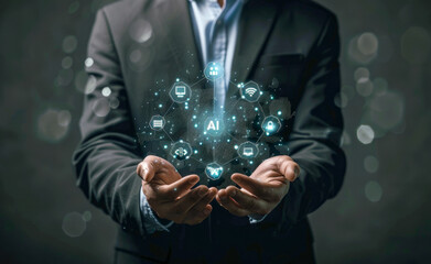An illustrative depiction of the seamless interaction between humans and AI technology, exemplified by a man utilizing smart robotics and artificial intelligence to streamline processes