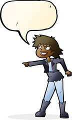 cartoon woman pointing with speech bubble