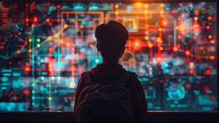 Obraz premium A young boy is sitting in front of a computer monitor with a backpack on his back. The monitor displays a complex network of lines and shapes