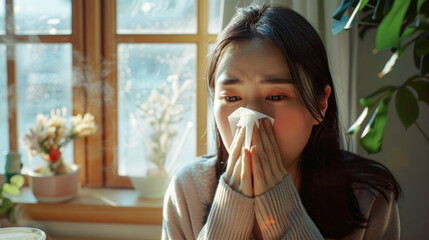 An image capturing the discomfort of a young woman afflicted with a cold, as she uses a handkerchief to blow her nose, managing her illness with care