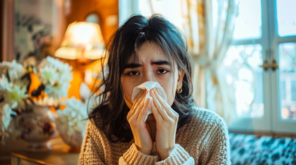 A young woman, visibly unwell and suffering from a cold, is seen blowing her nose into a handkerchief, seeking relief from her symptoms