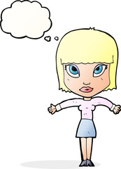 cartoon woman shrugging with thought bubble