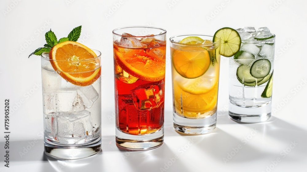 Poster different types of drinks in a row of glasses, suitable for bar or restaurant concept