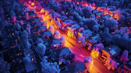 A city street with houses lit up in orange and purple