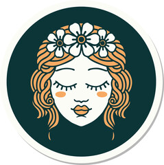 sticker of tattoo in traditional style of female face with eyes closed