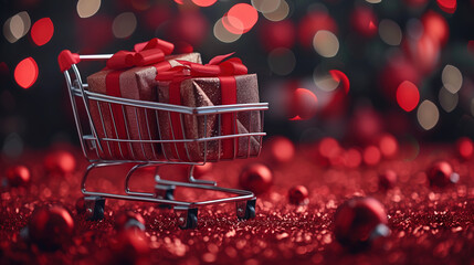 Shopping Cart Filled With Presents on Red Carpet - obrazy, fototapety, plakaty
