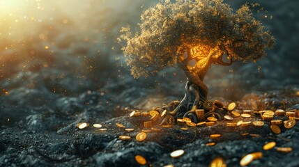 A tree with gold coins scattered around it. Scene is mysterious and intriguing. The gold coins scattered around the tree give the impression of a hidden treasure or a secret waiting to be discovered - obrazy, fototapety, plakaty