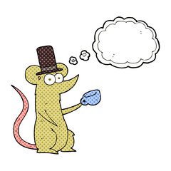 freehand drawn thought bubble cartoon mouse with cup and top hat