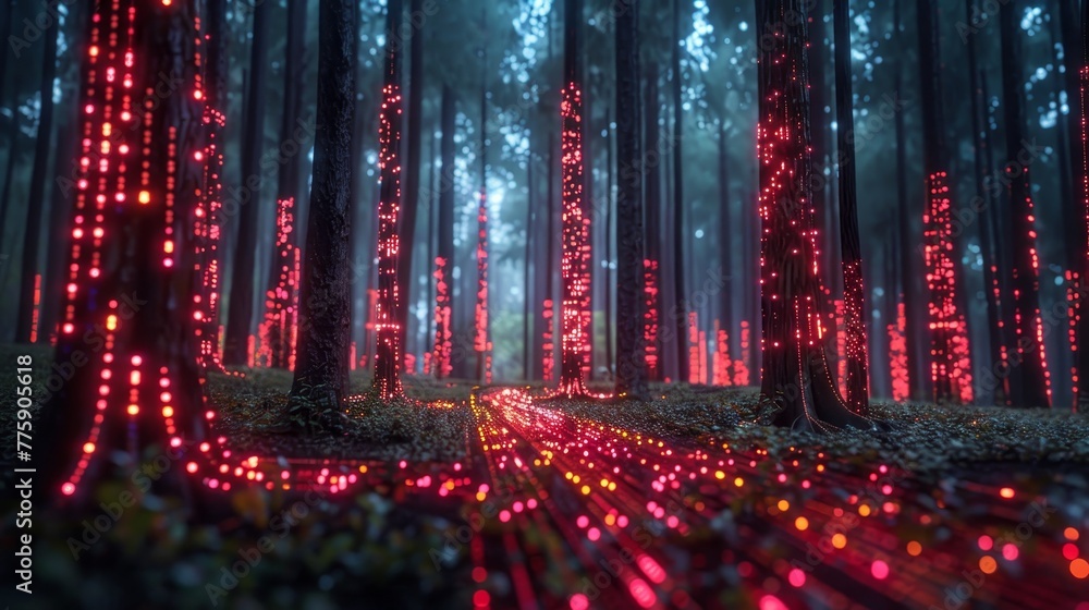 Poster a forest with glowing red lights on the trees. the lights are arranged in a way that they look like 