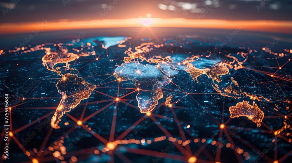 Poster a globe with a network of lights on it. the lights are orange and blue. the globe is lit up and it l