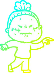 cold gradient line drawing of a cartoon annoyed old lady