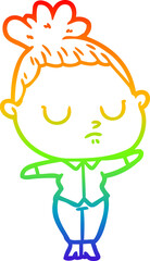 rainbow gradient line drawing of a cartoon calm woman