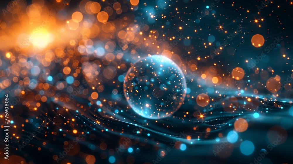 Poster a blurry image of a blue and orange sphere floating in a sea of stars. the image has a dreamy, ether