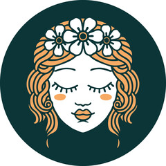 iconic tattoo style image of female face with eyes closed
