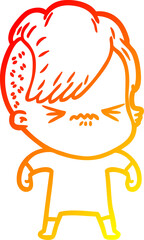 warm gradient line drawing of a cartoon annoyed hipster girl
