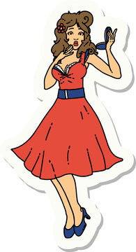 sticker of tattoo in traditional style of a pinup surprised girl