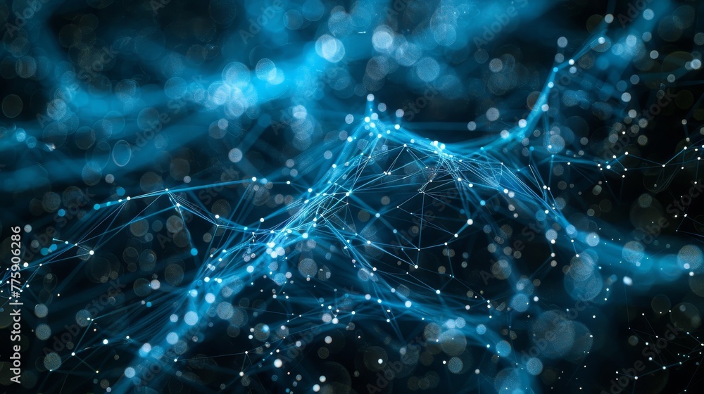 Poster a blue and white image of a web of lines and dots. the image is abstract and has a futuristic feel t
