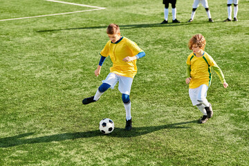 A vibrant scene unfolds as a dynamic group of young boys engage in an exhilarating game of soccer, showcasing their skills, teamwork, and sheer joy of playing together.