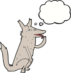 cartoon wolf licking paw with thought bubble