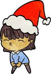 hand drawn textured cartoon of a woman wearing santa hat