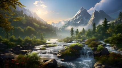 Panoramic view of a mountain river in the morning at sunrise
