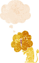 cute cartoon lion with thought bubble in grunge distressed retro textured style