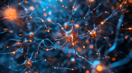 A close up of a brain with many neurons. The neurons are orange and blue - obrazy, fototapety, plakaty