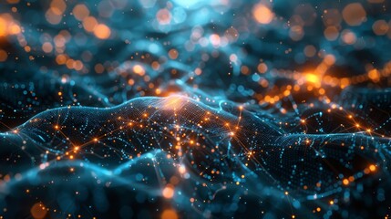 Obraz premium A computer generated image of a blue and orange wave with many small dots. The image has a futuristic and abstract feel to it