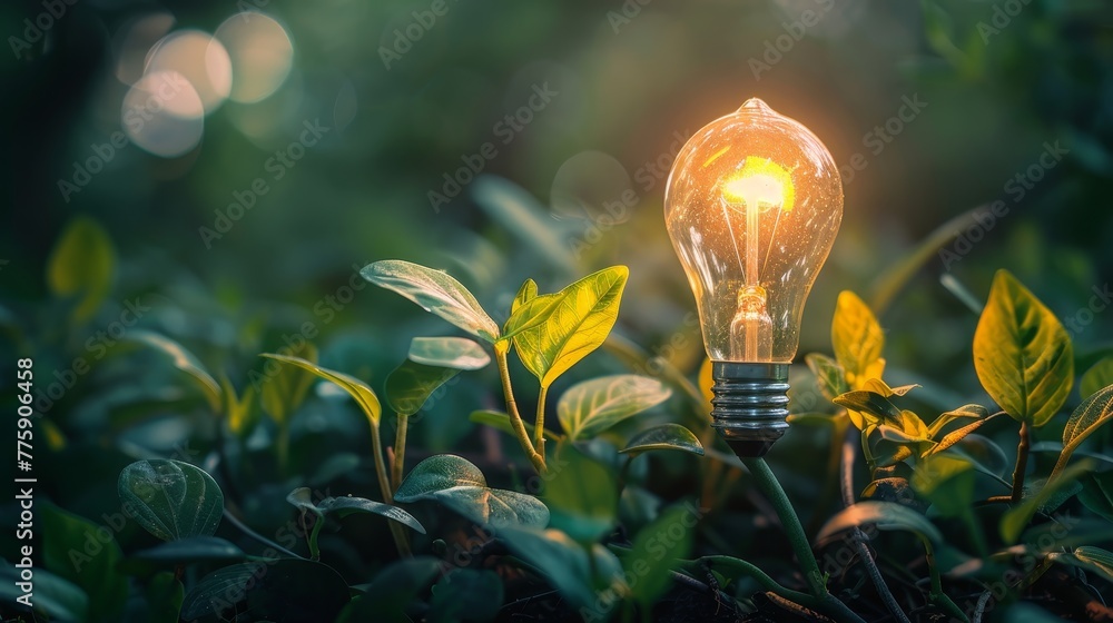Poster a light bulb is lit up in a field of green plants. the light bulb is surrounded by leaves and branch