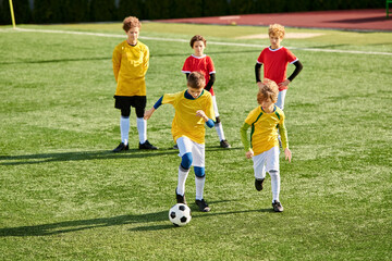 Obraz premium A group of young boys playing an intense game of soccer on a grassy field. They are running, kicking the ball, and cheering each other on as they compete in a friendly yet competitive match.