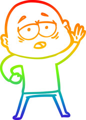 rainbow gradient line drawing of a cartoon tired bald man