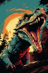 The poster features a dinosaur with its mouth wide open, showcasing its mighty roar. The creature appears fierce and powerful, capturing a moment of primal aggression