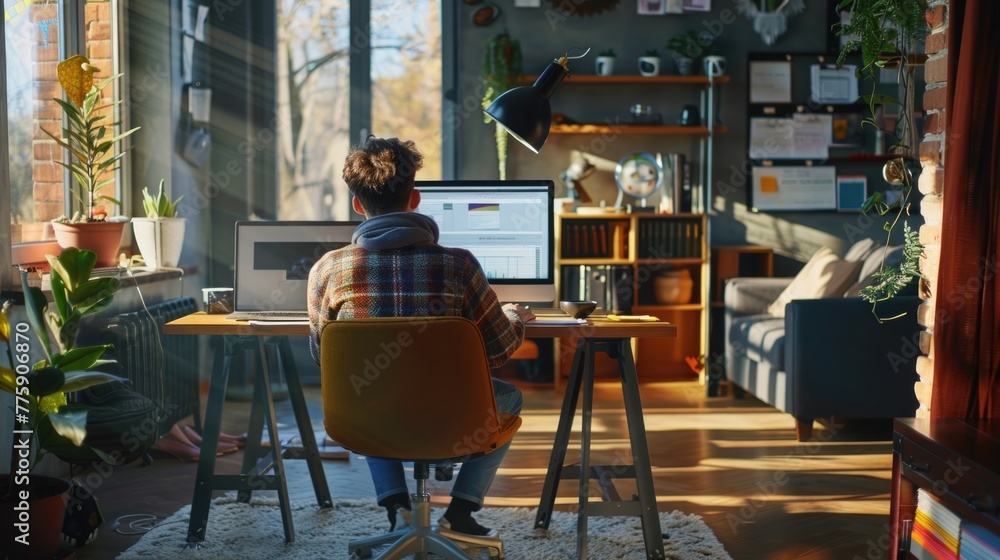 Aufkleber a person sitting at a desk in front of a computer. suitable for business or office concepts