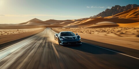 driving fast modern car through desert