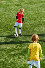 A young boy energetically kicks a soccer ball on a lush green field, showcasing his talent and passion for the sport.