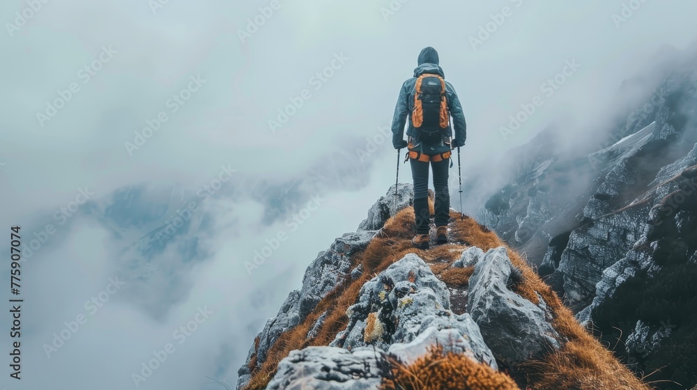 Poster a man is standing on a mountain top with a backpack on. the sky is cloudy and the weather is cold. t