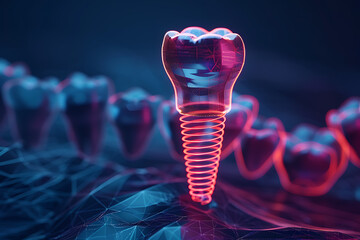 Cutting-edge wireframe-based visualization featuring a glowing translucent background, highlighting the intricate details of a dental implant, perfect for dental health concepts and medical presentati - obrazy, fototapety, plakaty