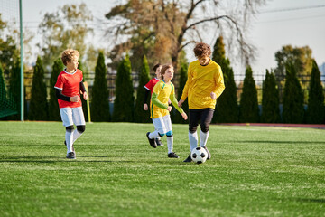 A lively group of young children joyfully playing a game of soccer on a green field. They are...