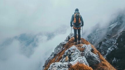 A man is standing on a mountain top with a backpack on. The sky is cloudy and the weather is cold. The man is enjoying the view and the challenge of hiking up the mountain - obrazy, fototapety, plakaty