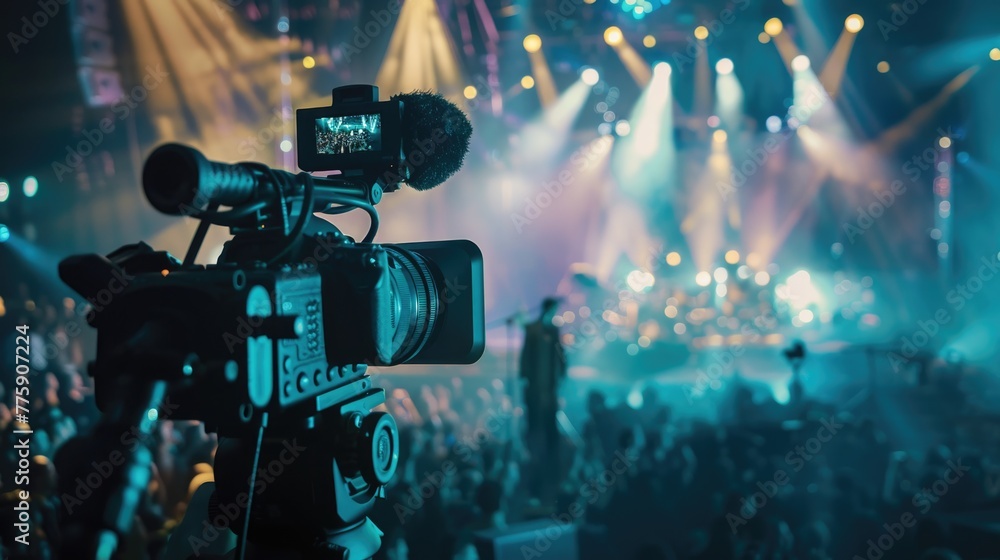 Fototapete a camera on a tripod capturing a crowd, suitable for events and gatherings