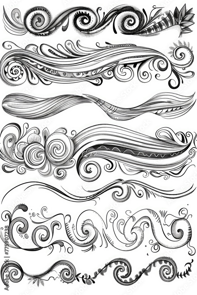 Poster Intricate hand-drawn swirls and curls, versatile for various design projects