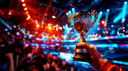 View on Hand shoew winner trophy with background e-sport contect stadium which have vibrant spotlight,