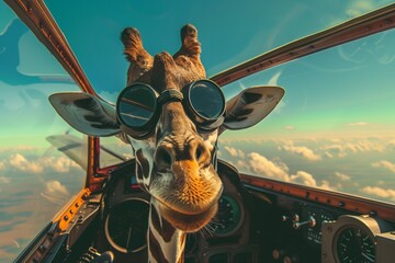 giraffe in pilot goggles peering out of vintage airplane cockpit - obrazy, fototapety, plakaty