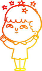 warm gradient line drawing of a cartoon amazed boy
