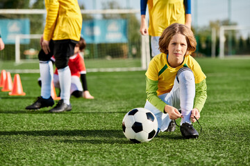 A young girl energetically plays soccer on a field, confidently dribbling the ball and aiming for the goal. 