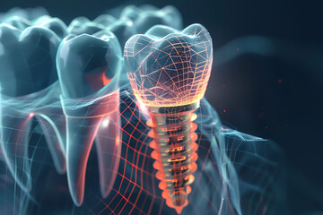 Cutting-edge wireframe-based visualization featuring a glowing translucent background, highlighting the intricate details of a dental implant, perfect for dental health concepts and medical presentati - obrazy, fototapety, plakaty
