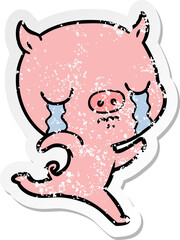 distressed sticker of a cartoon running pig crying