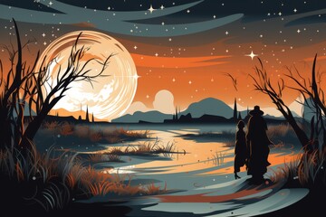 Two individuals are depicted walking down a dimly lit path at night in a painting. The figures are moving forward in the darkness, with only the moonlight guiding their way